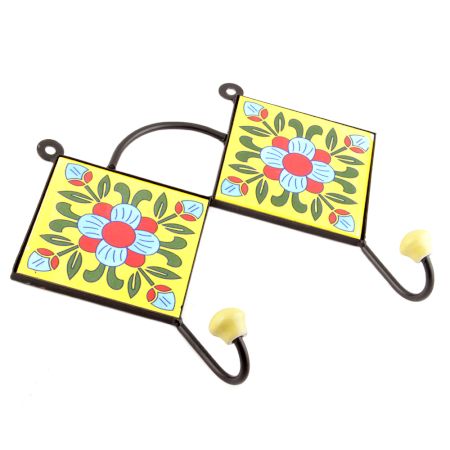 Yellow And Turquoise Ceramic Floral Tiles Hooks